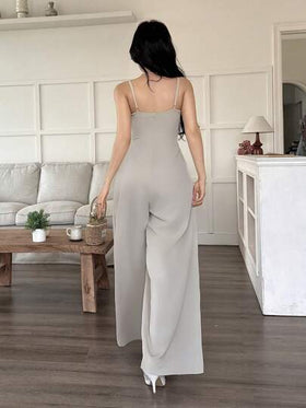 INAWLY جمبسوت صيفية فضفاضة أرجل واسعة مطوية ذات لون واحد للنساء