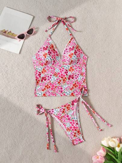 طقم تانكيني حريمي Swim Mod مجموعة من 2 قطعة للنساء من الكامي ذو طبعة زهرية جميلة وشورت مربوط من الجانبين ملابس عطلة وشاطئ