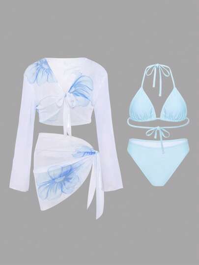 Swim Oasis 4 قطع طقم ملابس سباحة بتصميم جديد لموسم الصيف طبعات زهور استوائية، بيكيني للنساء لرحلات الشاطئ والعطلات