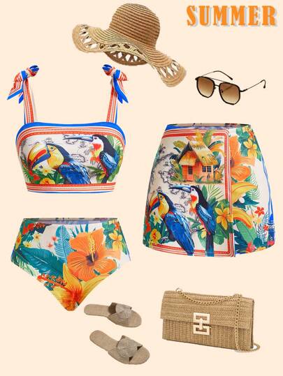 طقم تانكيني حريمي Swim Oasis طقم بيكيني بنمطية النباتات الاستوائية للنساء مع بلوزة شراشيب وتفاصيل عقدة ومع تنورة ساترة مطابقة