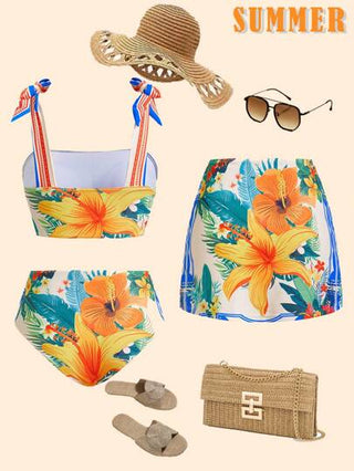 طقم تانكيني حريمي Swim Oasis طقم بيكيني بنمطية النباتات الاستوائية للنساء مع بلوزة شراشيب وتفاصيل عقدة ومع تنورة ساترة مطابقة
