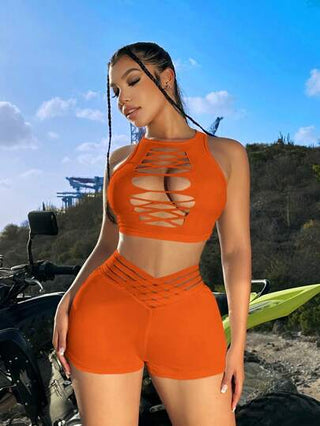 SXY سروال ضيق نسائي منخفض الخصر ذو تباين شبكي حساس