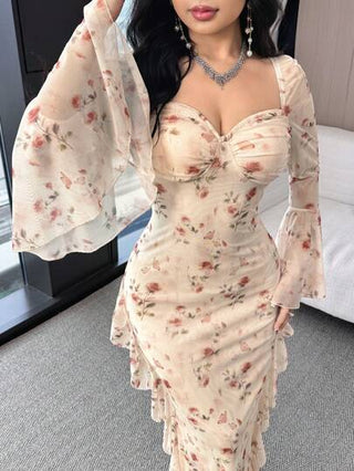 Modelyn فستان أنيق طويل الأكمام مطبوع بنقوش الزهور مع ياقة قلبية