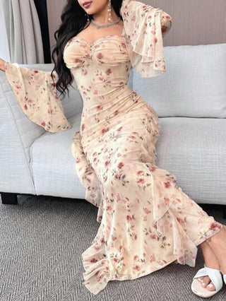 Modelyn فستان أنيق طويل الأكمام مطبوع بنقوش الزهور مع ياقة قلبية