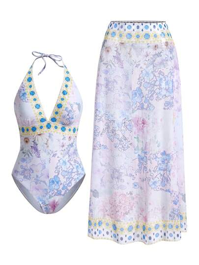 مايوه حريمي قطعة واحدة Swim Oasis بدلة سباحة نسائية بطبعات زهور مثيرة، قطعة واحدة بجيب وأزرار هالتر، مع غطاء متناسق ونصف تنورة للاستخدام في العطلات