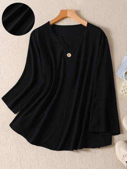 SHEIN JORESS قميص كاجوال مضيء من قطن ممزوج للنساء ذوي الحجم الكبير
