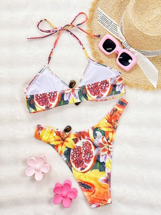 Swim SXY طقم بكيني للنساء بنمط فاكهة استوائية وزهري مزين بسحاب وعنق عميق، على شكل حرف S، مع أدوات معدنية جذابة للارتداء على الشاطئ