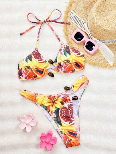 Swim SXY طقم بكيني للنساء بنمط فاكهة استوائية وزهري مزين بسحاب وعنق عميق، على شكل حرف S، مع أدوات معدنية جذابة للارتداء على الشاطئ
