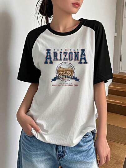 ملابس بناتي تي شيرت أساسي لفتاة بياقة دائرية وتصميم ألوان متباينة مع رسم "1912 Arizona Territory" مناسب للرياضات الخارجية وللعب في الصيف للفتيات الصغيرات