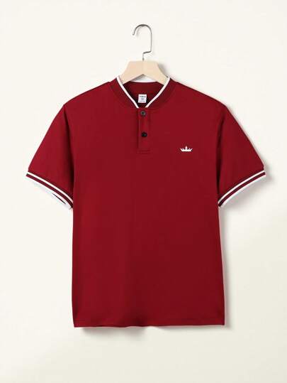 SHEIN قميص بولو مضفر بياقة مطوية للمراهقين الأولاد ، كاجوال