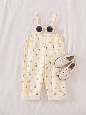 SHEIN Vintaside Kids جمبسوت إجمالية مطبوعة برباطات للأطفال الرضع البنات من عمر 0-3 سنوات، بنمط زهري صغير، متناسقة مع جميع المواسم للربيع والصيف