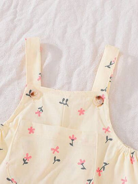 SHEIN Vintaside Kids جمبسوت إجمالية مطبوعة برباطات للأطفال الرضع البنات من عمر 0-3 سنوات، بنمط زهري صغير، متناسقة مع جميع المواسم للربيع والصيف