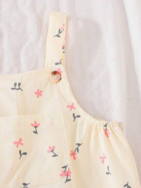 SHEIN Vintaside Kids جمبسوت إجمالية مطبوعة برباطات للأطفال الرضع البنات من عمر 0-3 سنوات، بنمط زهري صغير، متناسقة مع جميع المواسم للربيع والصيف