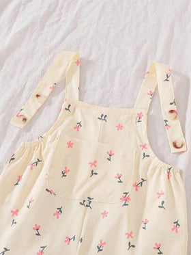 SHEIN Vintaside Kids جمبسوت إجمالية مطبوعة برباطات للأطفال الرضع البنات من عمر 0-3 سنوات، بنمط زهري صغير، متناسقة مع جميع المواسم للربيع والصيف