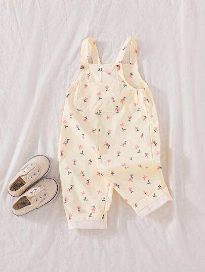 SHEIN Vintaside Kids جمبسوت إجمالية مطبوعة برباطات للأطفال الرضع البنات من عمر 0-3 سنوات، بنمط زهري صغير، متناسقة مع جميع المواسم للربيع والصيف
