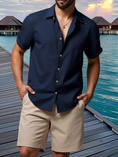 ملابس رجالي Manfinity RSRT مجموعة قميص كاجوال بأكمام قصيرة للرجال للتنزه والعطلات الصيفية، ملابس شاطئية للعطلات للرجال، ملابس للعطلات للرجال، إطلالة للعطلات للرجال