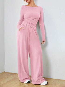 SHEIN EZwear طقم بلوزة بأكمام طويلة وبنطلون كاجوال للنساء في الربيع والخريف