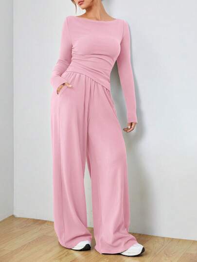 SHEIN EZwear طقم بلوزة بأكمام طويلة وبنطلون كاجوال للنساء في الربيع والخريف