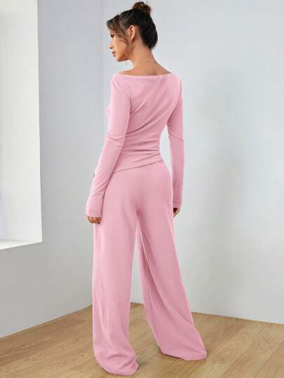 SHEIN EZwear طقم بلوزة بأكمام طويلة وبنطلون كاجوال للنساء في الربيع والخريف