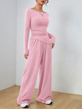 SHEIN EZwear طقم بلوزة بأكمام طويلة وبنطلون كاجوال للنساء في الربيع والخريف