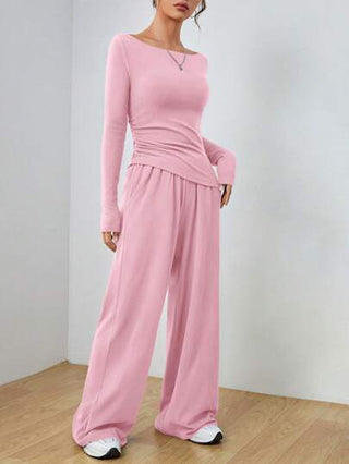 SHEIN EZwear طقم بلوزة بأكمام طويلة وبنطلون كاجوال للنساء في الربيع والخريف