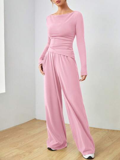 SHEIN EZwear طقم بلوزة بأكمام طويلة وبنطلون كاجوال للنساء في الربيع والخريف