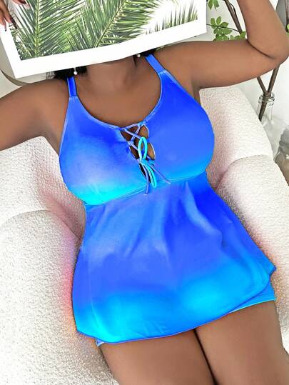 SHEIN Swim Curve مجموعة ملابس سباحة تانكيني حالتر ذات درجتي لون للمرأة المقاسات الكبيرة