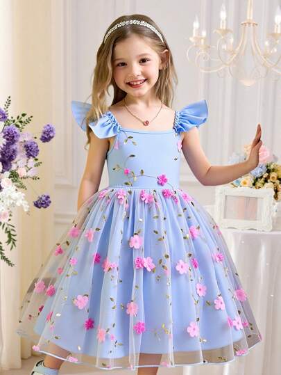 فساتين بيبي Glamorique Kids فستان أنيق للبنات بأربطة رفيعة وكشكشة وأكمام قصيرة، مطرز بشبكة وأزهار، فستان أميرة للحفلات، مناسب للعطلات والحفلات وأعياد الميلاد والإجازات الصيفية