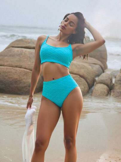طقم تانكيني حريمي Swim SPRTY مجموعة بحر للنساء قطعتين موضة 2025، ملابس علوية تانكيني بنمط ماس أزرق مع أشرطة قابلة للتعديل + سروال بنمط ماس مثلث/ملابس سباحة رياضية للنساء/ملابس عطلة شاطئية/ملابس للحمام