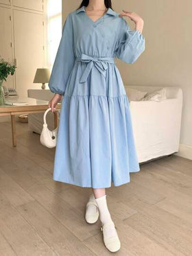SHEIN فستان أنيق كوري الطراز للعطلات بياقة على شكل حرف V بلون أخضر نعناعي طويل إلى منتصف الساق - للمراهقات