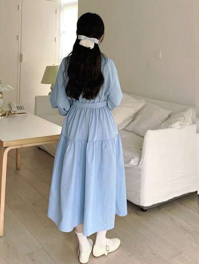 SHEIN فستان أنيق كوري الطراز للعطلات بياقة على شكل حرف V بلون أخضر نعناعي طويل إلى منتصف الساق - للمراهقات