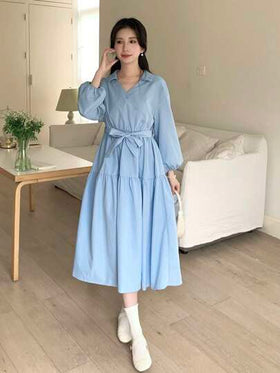 SHEIN فستان أنيق كوري الطراز للعطلات بياقة على شكل حرف V بلون أخضر نعناعي طويل إلى منتصف الساق - للمراهقات