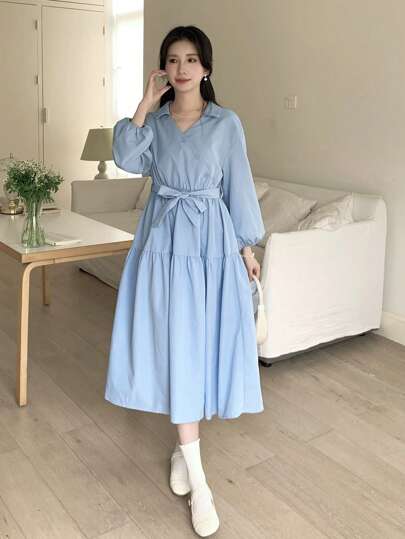 SHEIN فستان أنيق كوري الطراز للعطلات بياقة على شكل حرف V بلون أخضر نعناعي طويل إلى منتصف الساق - للمراهقات