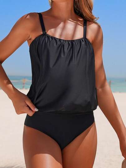 طقم تانكيني حريمي Swim Lushoire مجموعتين من ملابس السباحة المناسبة للعطلات ذات ألوان داكنة ، تشمل كأس مثلث محشو فضفاض ومزين بكشاكش