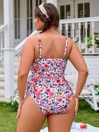 طقم تانكيني حريمي Swim Mod بكيني للمرأة المكتنزة بطبعات زهور صغيرة، بتصميم بسيط يومي، ملابس علوية مزود بحبال مع ظهر مكشوف