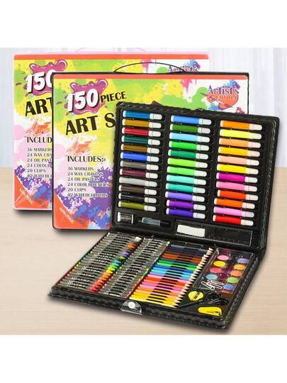150 قطعة مجموعة لوازم رسم وأدوات قرطاسية للأطفال، تشمل فرشاة رسم، قلم رصاص، قلم تخطيط، طباشير، أقلام تلوين مائية، أقلام ملونة، مقص، مسطرة، هدايا للعودة إلى المدرسة، عيد الميلاد، هالوين، عيد الفصح،