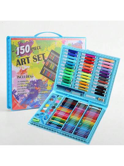 150 قطعة مجموعة لوازم رسم وأدوات قرطاسية للأطفال، تشمل فرشاة رسم، قلم رصاص، قلم تخطيط، طباشير، أقلام تلوين مائية، أقلام ملونة، مقص، مسطرة، هدايا للعودة إلى المدرسة، عيد الميلاد، هالوين، عيد الفصح،
