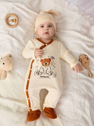Cozy Pixies رومبير ذات رقبة دائرية ناعمة لحديثي الولادة من الأولاد/البنات بنمط الدب الكرتوني بألوان متباينة طويلة الأكمام مع بنطال