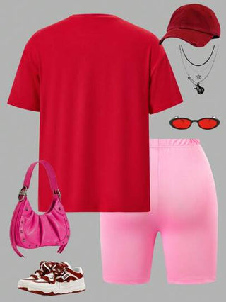 girls-sets تي شيرت مطبوع برسوم الكرز والأحرف بأكمام قصيرة ياقة دائرية فضفاض للفتيات