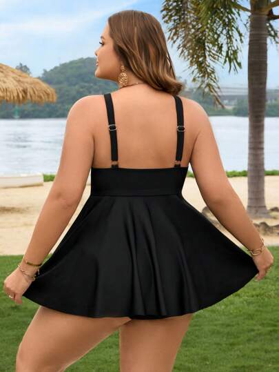 SHEIN CURVE+ بيكيني ذو قطعتين للنساء ذوات الحجم الكبير مجزأ، بيكيني ظهر مكشوف لعطلات الصيف