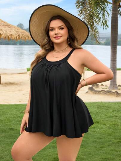SHEIN CURVE+ بيكيني ذو قطعتين للنساء ذوات الحجم الكبير مجزأ، بيكيني ظهر مكشوف لعطلات الصيف