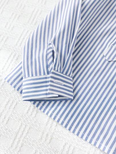 SHEIN 2 مجموعة فانلة مخططة طويلة الأكمام وشورت للأطفال الصبيان الكاجوال، ملابس جميلة مناسبة للربيع/الصيف، حفلة عيد الميلاد، المناسبات المسائية، الزفاف، استحمام الطفل، احتفالات عيد الميلاد الأول