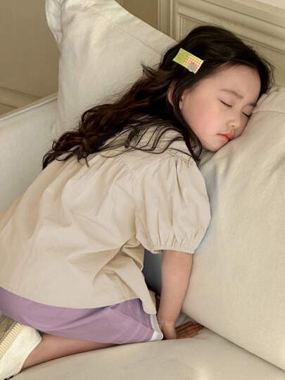 DAZY مجموعة ملابس علوية وشورت بأكمام بالونية وياقة بسيطة للفتيات، أطقم صيفية للفتيات 2قطعة/مجموعة