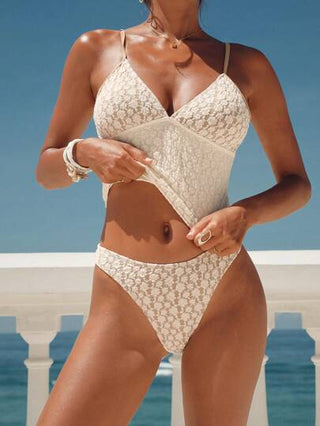 طقم تانكيني حريمي Swim Chiccia ملابس السباحة تانكيني للنساء بتصميم الرقبة على شكل حرف V مزين بالدانتيل والترقيعات باللون البني، مناسبة للصيف والعطلات الشاطئية