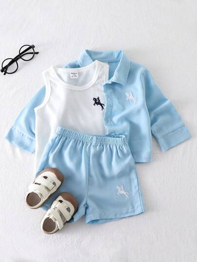 SHEIN Playful Pals مجموعة من 3 قطع لطفل صبي بقميص أكمام طويلة برقبة وأربطة وسترة بلا أكمام وشورت، منقوشة بطريقة عصرية، مناسبة للربيع والصيف والعطلات والرياضة والمدرسة والحفلات والتصوير الفوتوغرافي