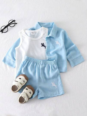 SHEIN Playful Pals مجموعة من 3 قطع لطفل صبي بقميص أكمام طويلة برقبة وأربطة وسترة بلا أكمام وشورت، منقوشة بطريقة عصرية، مناسبة للربيع والصيف والعطلات والرياضة والمدرسة والحفلات والتصوير الفوتوغرافي