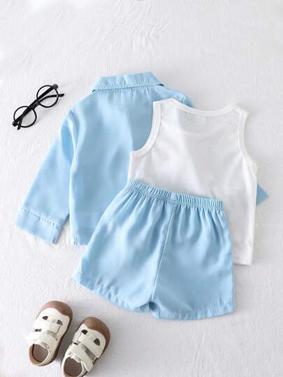 SHEIN Playful Pals مجموعة من 3 قطع لطفل صبي بقميص أكمام طويلة برقبة وأربطة وسترة بلا أكمام وشورت، منقوشة بطريقة عصرية، مناسبة للربيع والصيف والعطلات والرياضة والمدرسة والحفلات والتصوير الفوتوغرافي