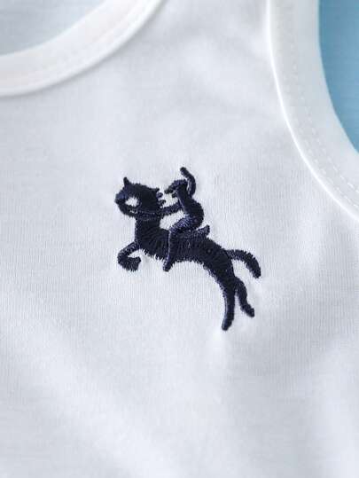 SHEIN Playful Pals مجموعة من 3 قطع لطفل صبي بقميص أكمام طويلة برقبة وأربطة وسترة بلا أكمام وشورت، منقوشة بطريقة عصرية، مناسبة للربيع والصيف والعطلات والرياضة والمدرسة والحفلات والتصوير الفوتوغرافي