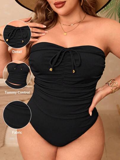 Swim Basics ملابس سباحة طقم تانكيني ذو رابطة أمامية للنساء ذوات الحجم الكبير لون أحادي