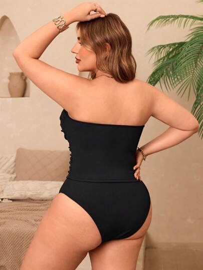 Swim Basics ملابس سباحة طقم تانكيني ذو رابطة أمامية للنساء ذوات الحجم الكبير لون أحادي